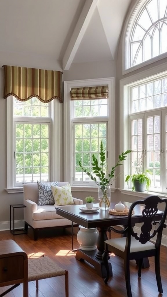 A cozy living room dining room with charming window treatments, featuring striped valances and Roman shades.