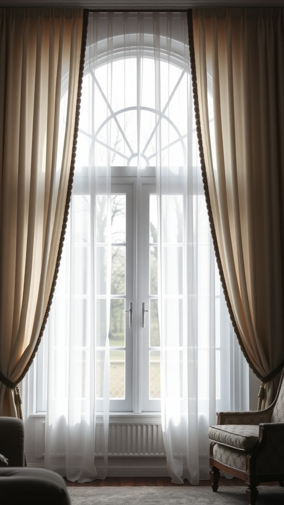 Elegant window treatments with sheer white and beige curtains framing a large arched window.