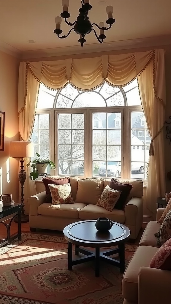 A cozy living room featuring elegant window treatments with drapes, a light-colored sofa, and a decorative coffee table.