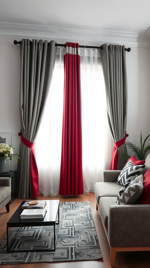 Living room with gray and red curtains, modern furniture, and stylish decor.