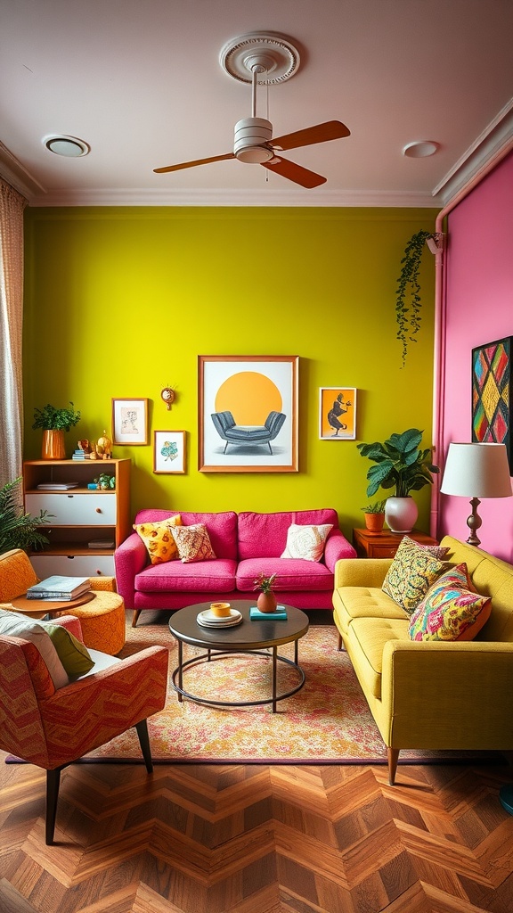 A vibrant living room with a chartreuse accent wall, featuring colorful sofas and decorative plants.