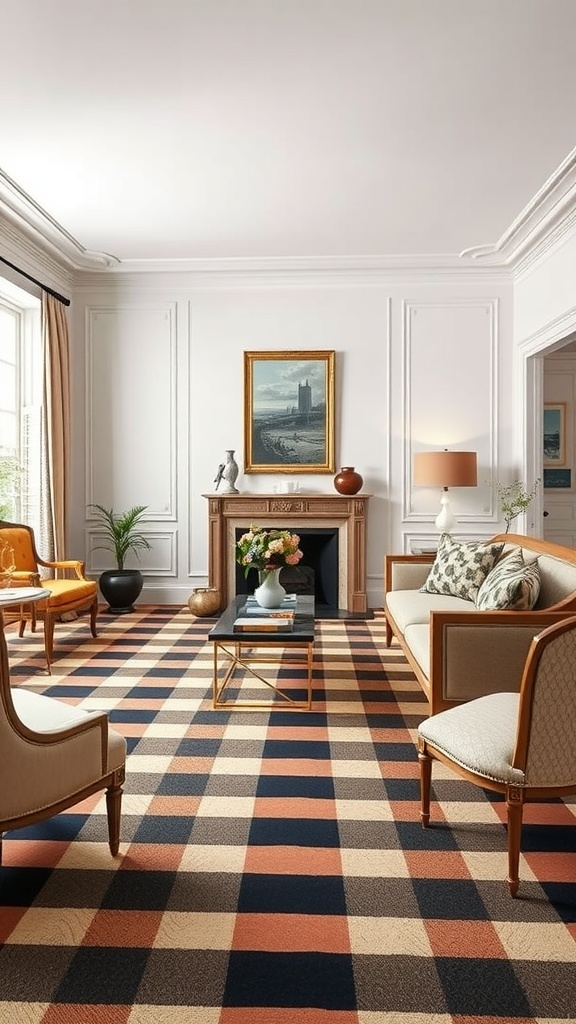 Living room with a checkered carpet in warm tones, elegant furniture, and chic decor.