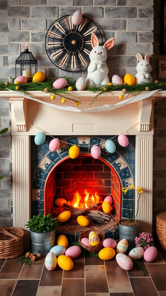 A beautifully decorated fireplace for Easter with colorful eggs, bunny figures, and greenery.