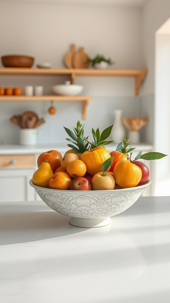 A decorative fruit bowl filled with various colorful fruits on a kitchen island.