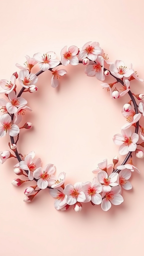 A circular wreath adorned with cherry blossoms on a soft pink background