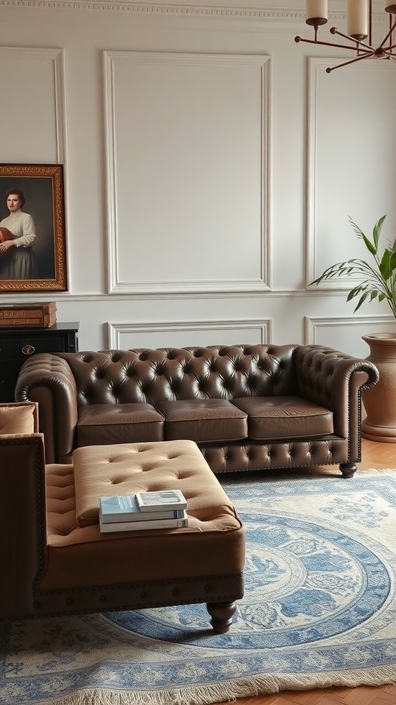 A classic Chesterfield couch in a sophisticated living room setting.