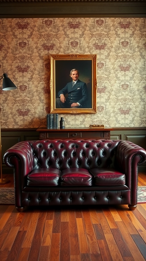 A deep burgundy Chesterfield couch set in an old English living room with patterned wallpaper and a portrait above.