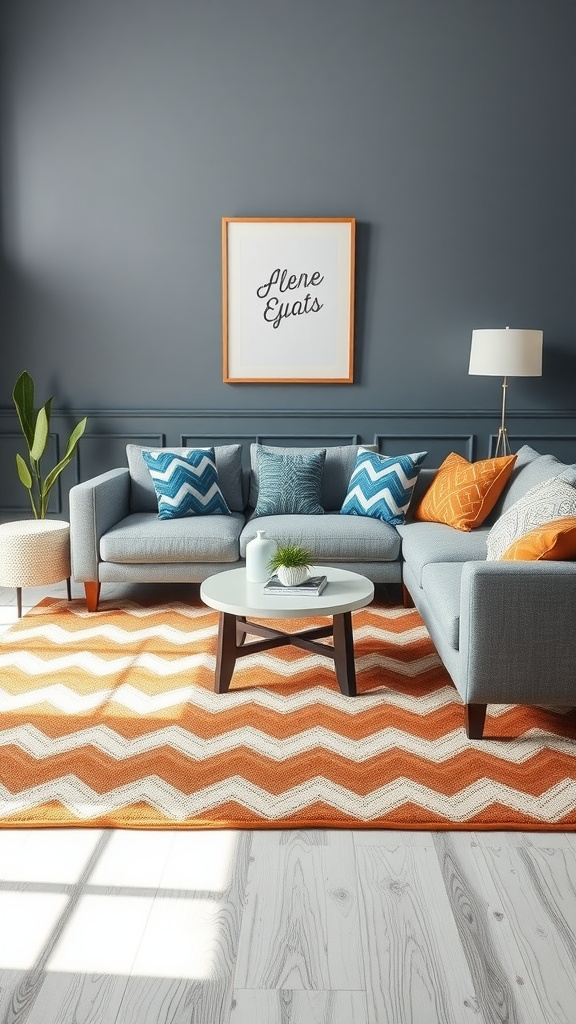 A living room featuring a blue couch with chevron-patterned pillows, an orange chevron rug, and framed artwork.