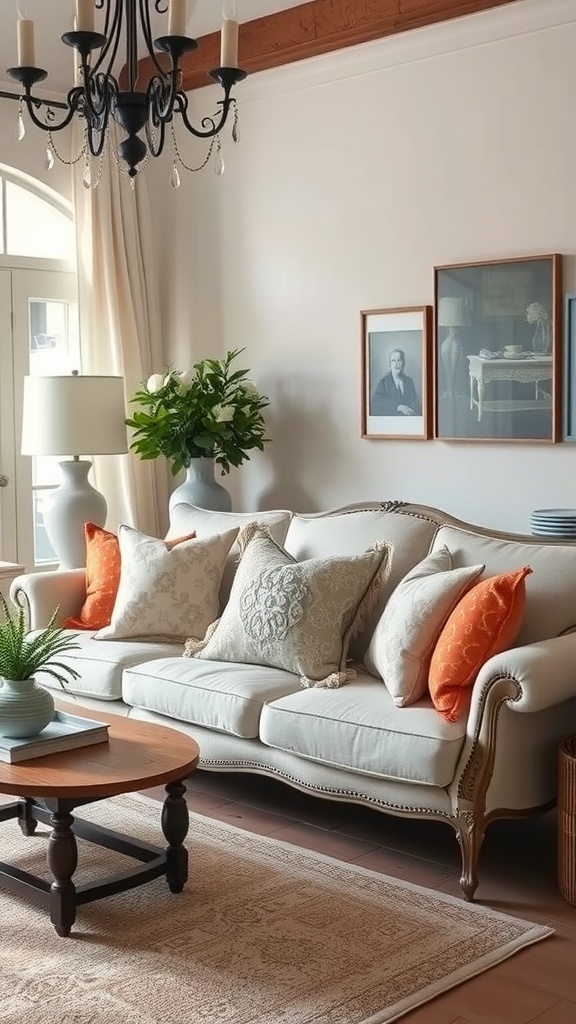 A cozy French country living room featuring a classic sofa with accent pillows in a mix of colors and patterns.