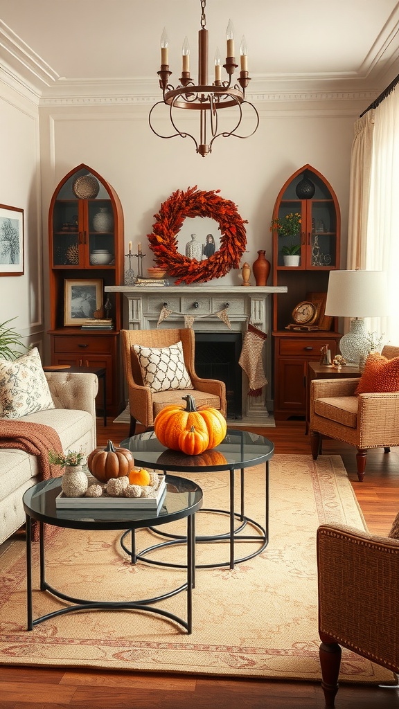 Stylish living room featuring chic accent tables with fall decor