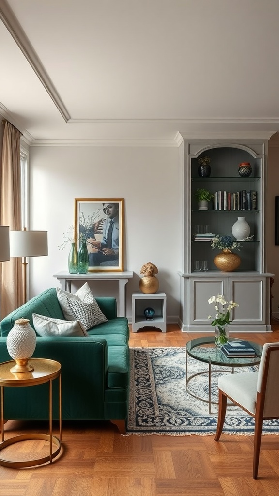 Chic living room featuring a green sofa, coffee table, decorative elements, and a cozy rug.