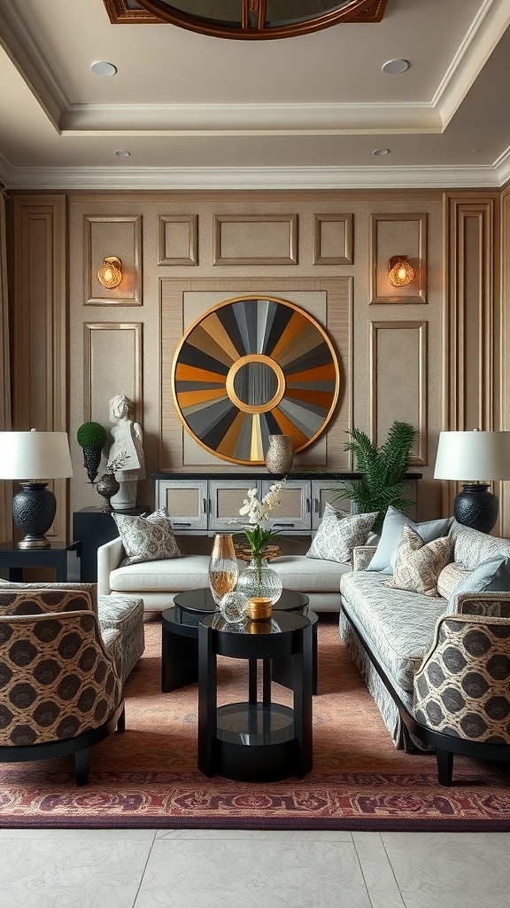 Stylish living room featuring Art Deco design elements, including a circular mirror, patterned upholstery, and elegant lighting.