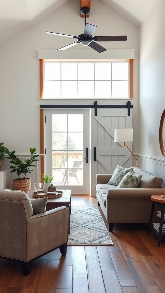 A cozy farmhouse living room featuring a chic barn door, large windows, and comfortable seating.