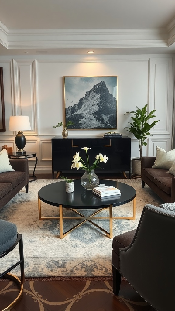 A chic black and gold coffee table in a stylish living room setting.