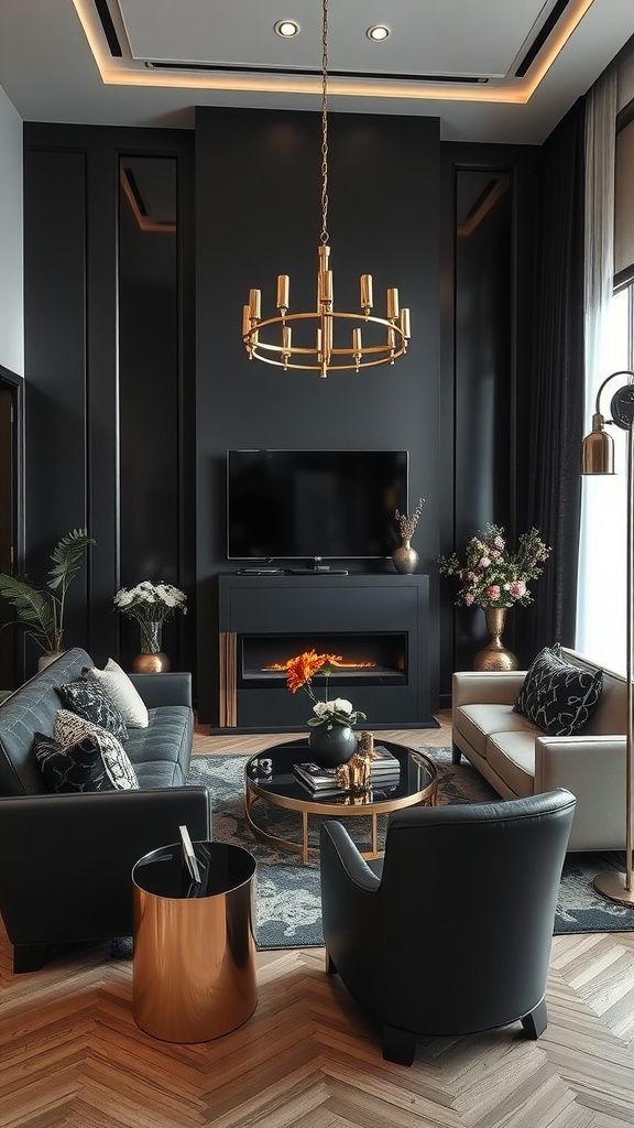 A chic living room featuring black walls, gold accents, and stylish furniture.