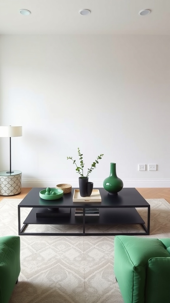 A chic black coffee table in a green and black living room with decorative elements on top.