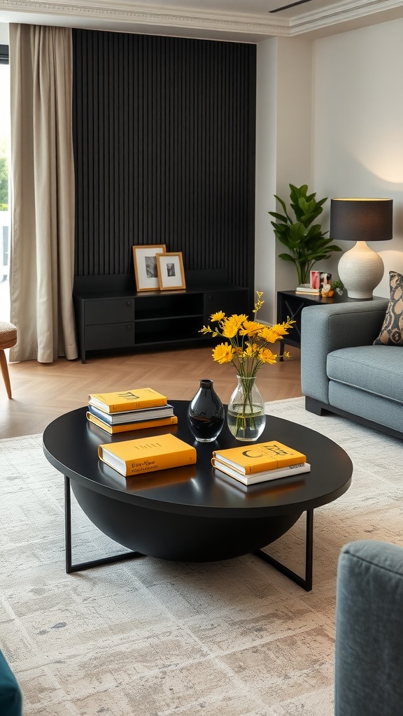 Chic black coffee table with yellow decor, featuring stacked yellow books and a vase of flowers.