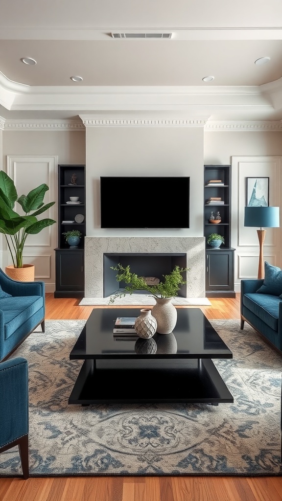 A stylish living room featuring a black coffee table, blue chairs, and a decorative vase on the table.