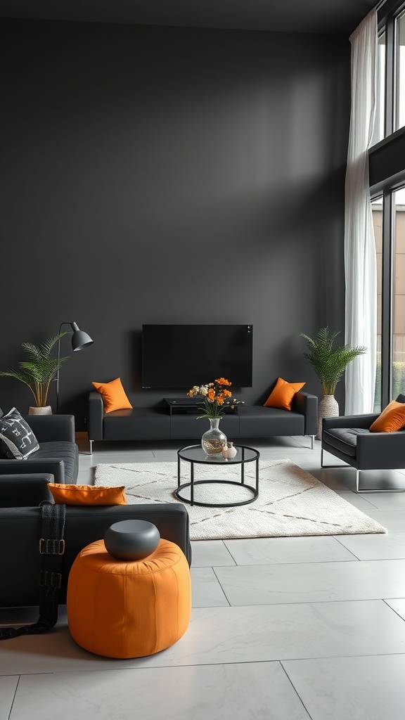 Living room with black furniture and orange accents, featuring a modern design and cozy elements.