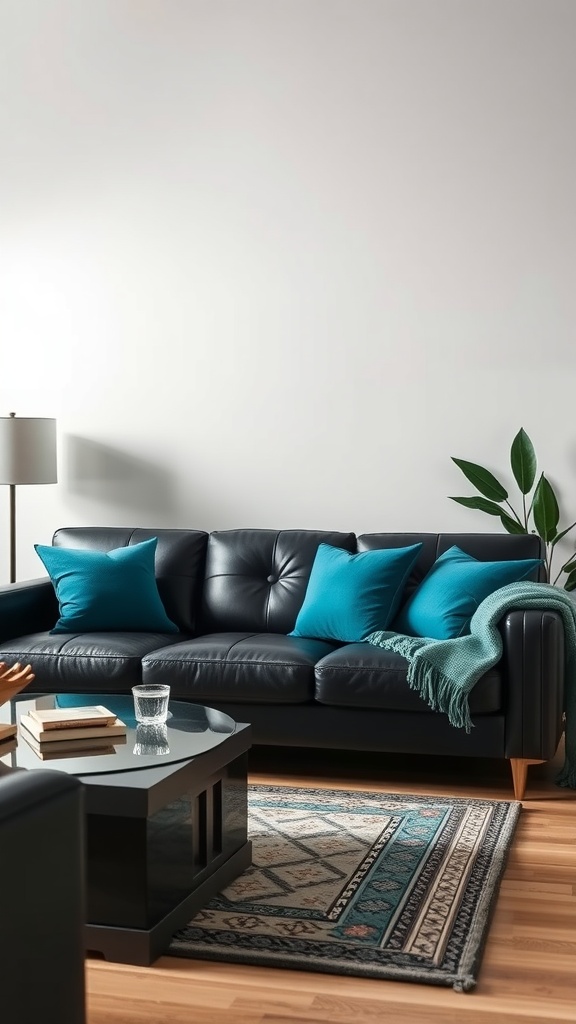 A chic black leather sofa with teal pillows and a throw, accompanied by a black coffee table and patterned rug in a stylish living room.