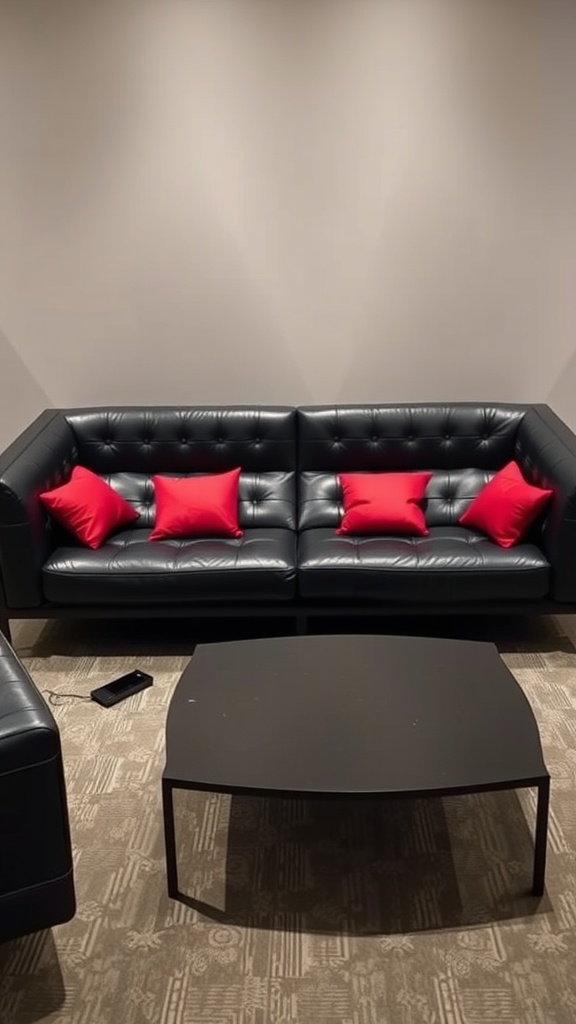 Chic arrangement of a black leather sofa with red pillows and a black coffee table