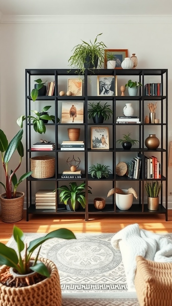 Chic black shelving unit filled with books, plants, and decorative items in a cozy living room setting.