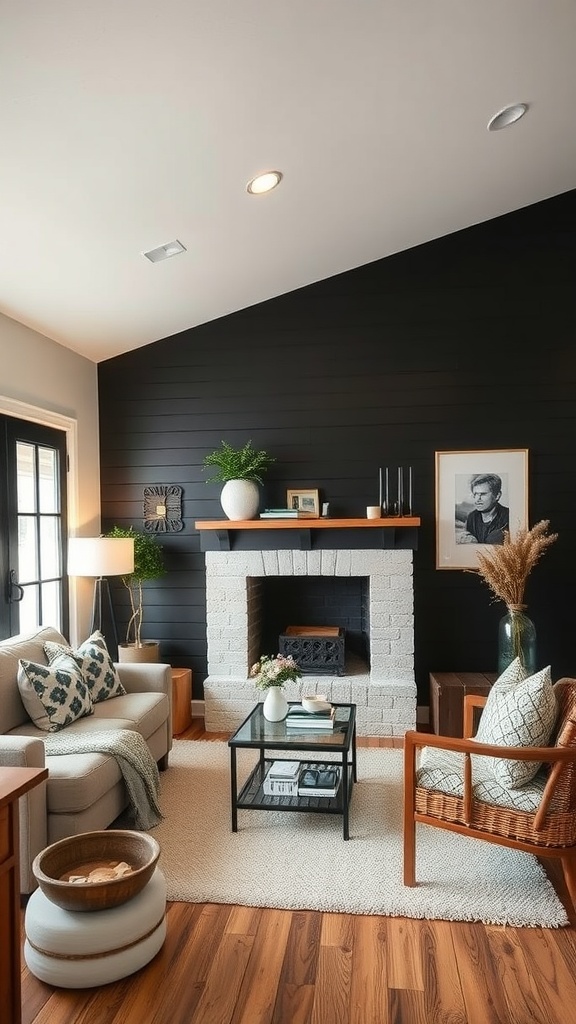 A cozy living room featuring a black shiplap wall, gray sofa, white fireplace, and wooden flooring.