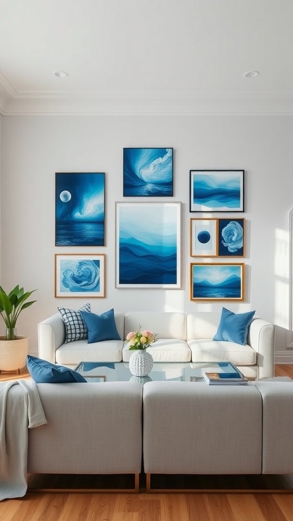 A chic blue gallery wall featuring various blue artworks in different frames above a stylish couch in a living room.