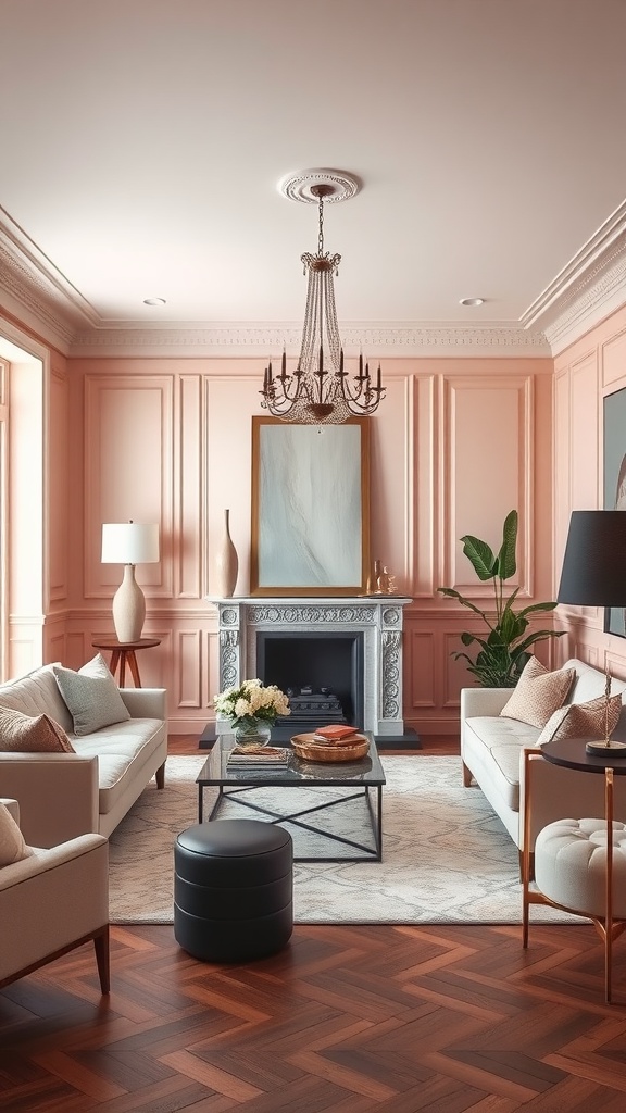 A chic living room featuring blush pink walls, elegant furniture, and warm wood flooring.