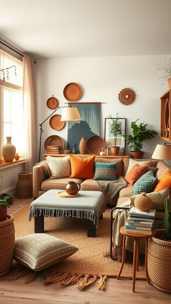 A cozy bohemian style living room with earthy tones, vibrant cushions, plants, and woven decor.