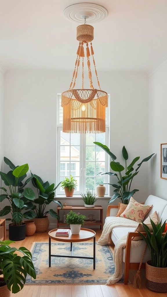 Living room with a bohemian chandelier hanging from the ceiling, surrounded by plants and cozy furniture.