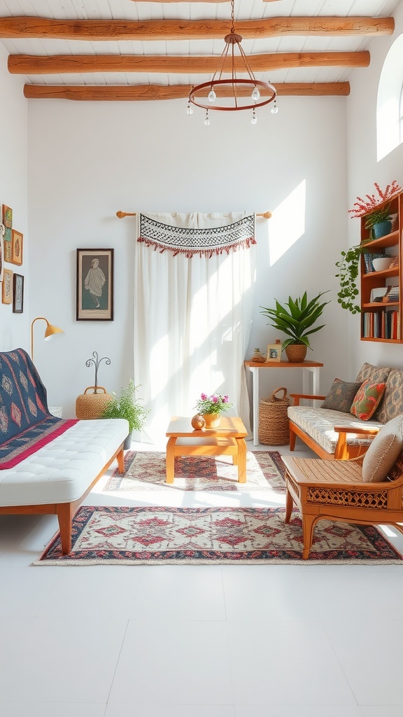 A bright and inviting living room featuring white walls, wooden beams, and bohemian decor.