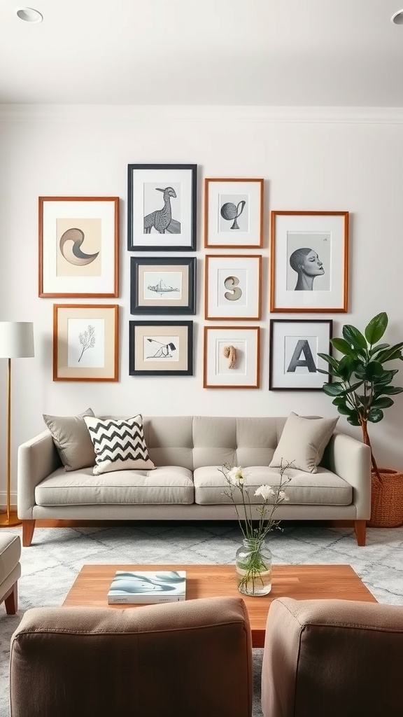 A stylish living room featuring a gallery wall with various framed art pieces in brown and white tones.