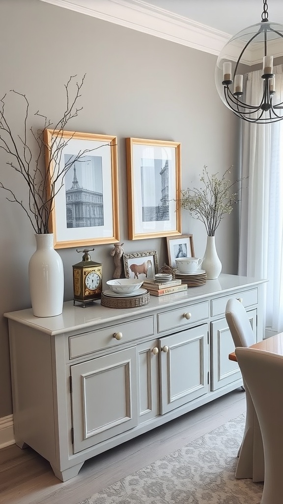 Chic buffet or sideboard with decorative vases, a vintage clock, and framed art on a gray wall.