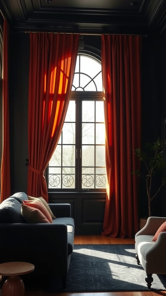 A chic living room featuring burnt orange curtains, a dark sofa, and a stylish rug