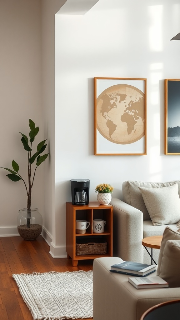 Cozy coastal coffee station with a coffee maker, mugs, and a small plant in a living room setting