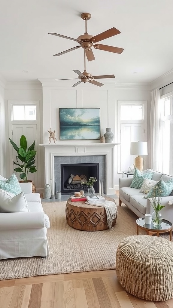 A chic coastal style living room featuring off-white furniture, plants, and beach-themed decor.