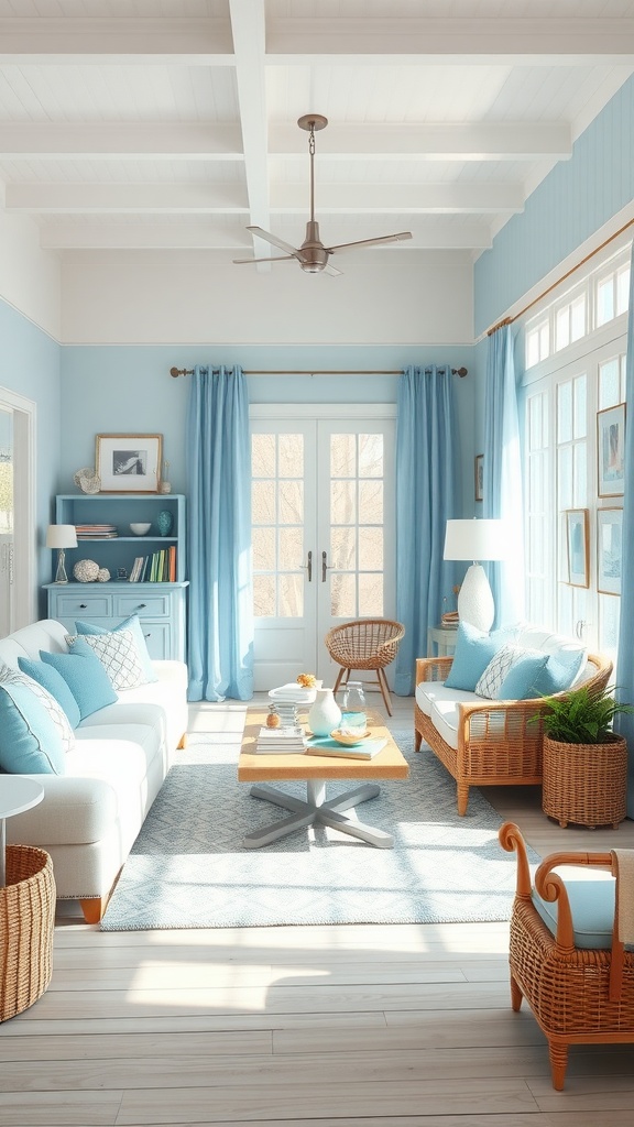 A bright and airy living room with blue walls, white furniture, and natural textures, showcasing coastal decor.