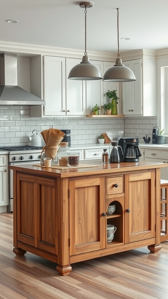 Stylish wooden kitchen island with coffee station setup and modern appliances