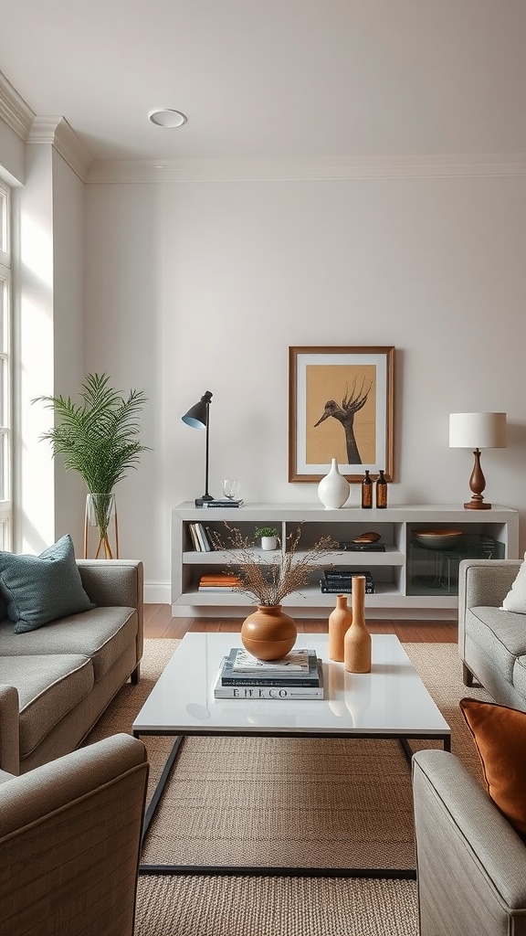 A chic living room featuring a modern coffee table display with books, vases, and a plant.