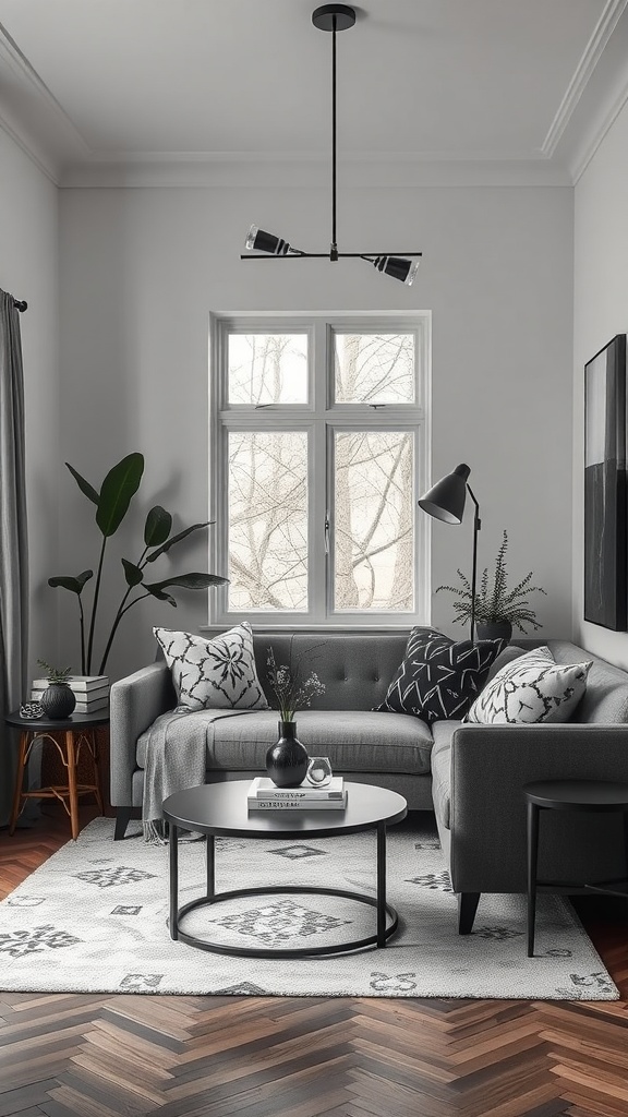 A chic living room corner featuring a grey sofa with patterned pillows, a round black coffee table, and a potted plant, all set against a light wall and wooden floor.