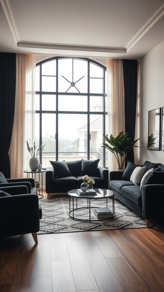 Living room with chic black and cream curtains framing a large window, featuring dark furniture and a stylish coffee table.