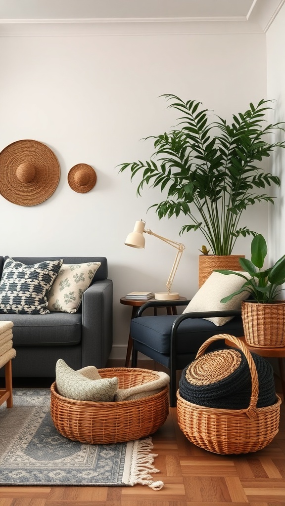 A stylish living room featuring decorative woven baskets, a cozy sofa, and a plant.