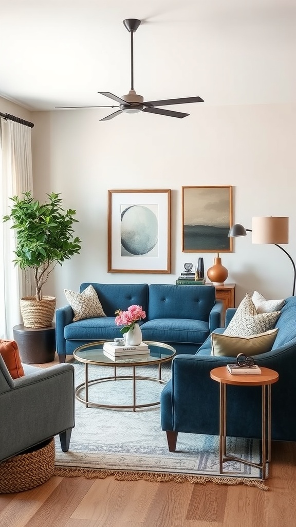 A modern living room featuring denim blue sofas, tan accents, and a round coffee table.