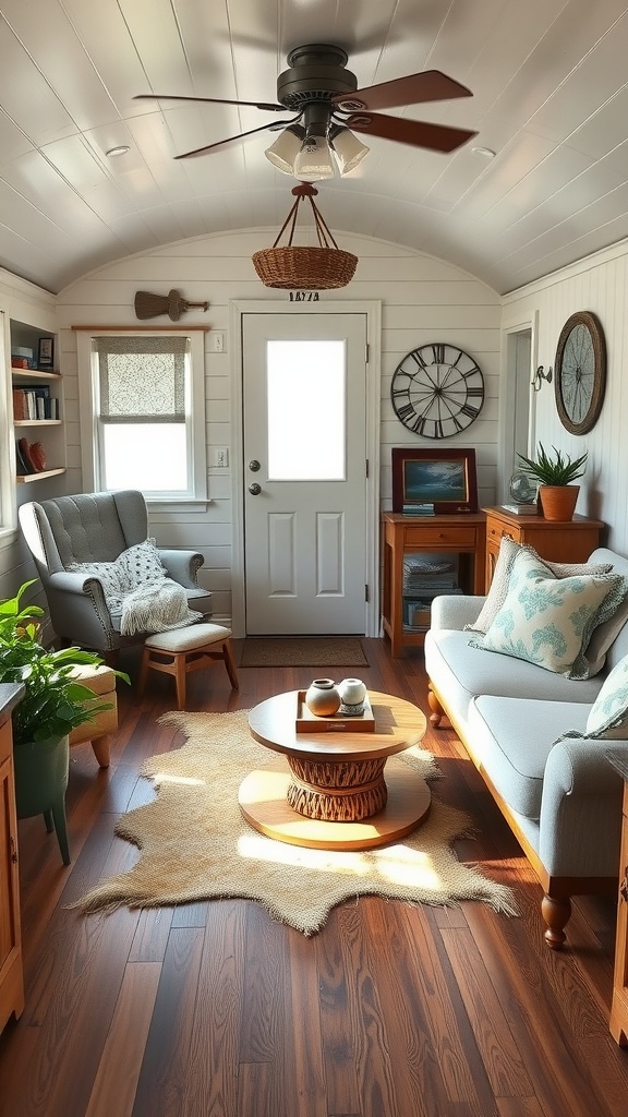 A cozy farmhouse-style living room in a trailer, featuring light colors, wooden accents, and plants.