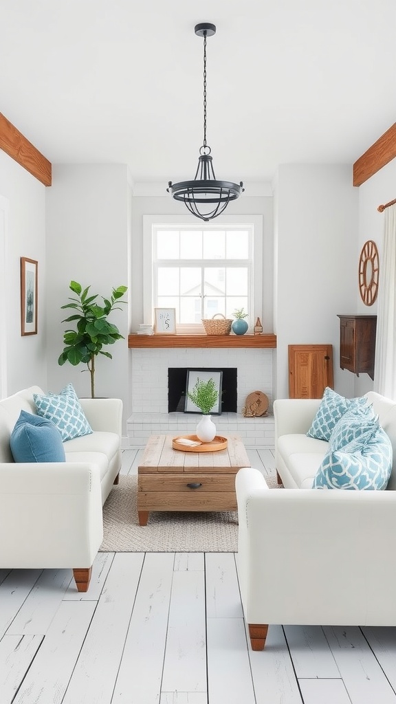 Chic farmhouse living room featuring white sofas with blue accent pillows, a rustic wooden coffee table, and a bright window.