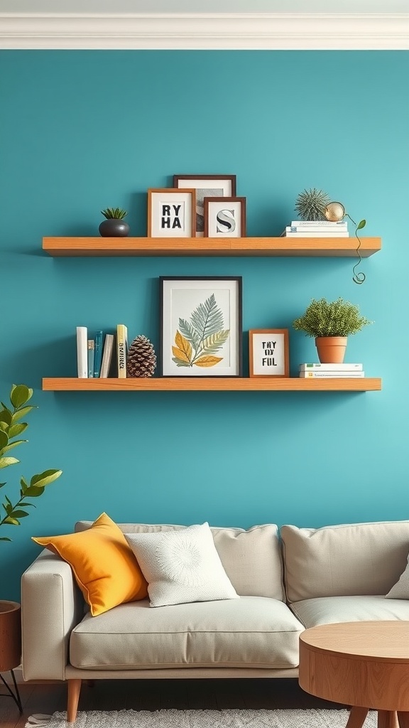 Living room with floating shelves displaying framed pictures and plants against a blue wall.