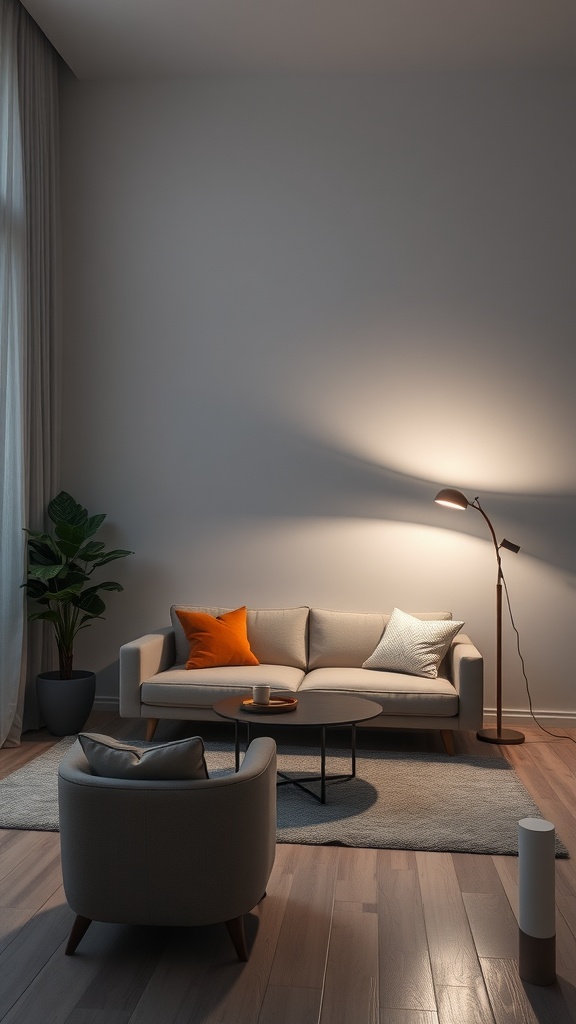 A cozy living room featuring a stylish floor lamp next to a modern sofa, creating a warm and inviting atmosphere.