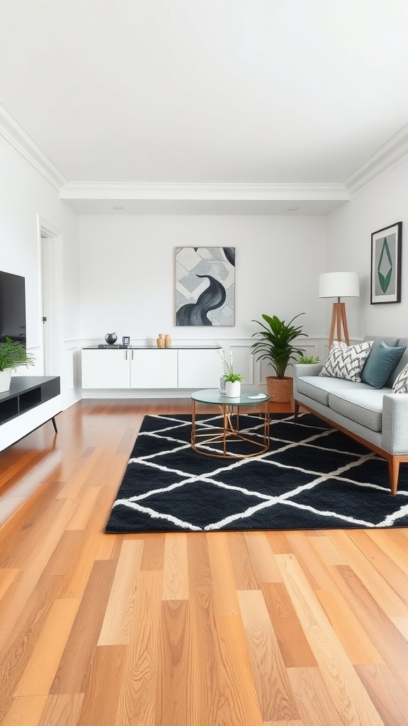 Chic living room featuring a geometric area rug, gray sofa, and wooden floor.