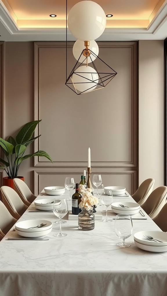 A chic dinner table decor featuring a marble tablecloth, geometric lighting, and elegant tableware.